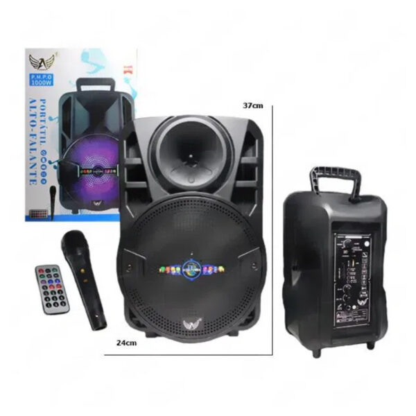 Caixa de Som Amplificada Karaokê Bluetooth 2000W Com Microfone e Controle Remoto
